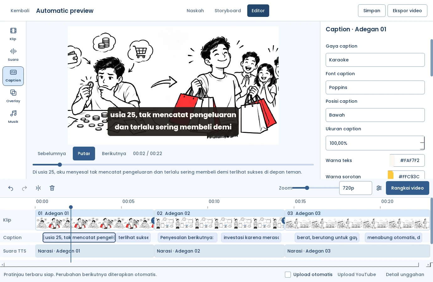 Penyunting Kisavira untuk mengatur adegan, narasi, teks layar, dan musik